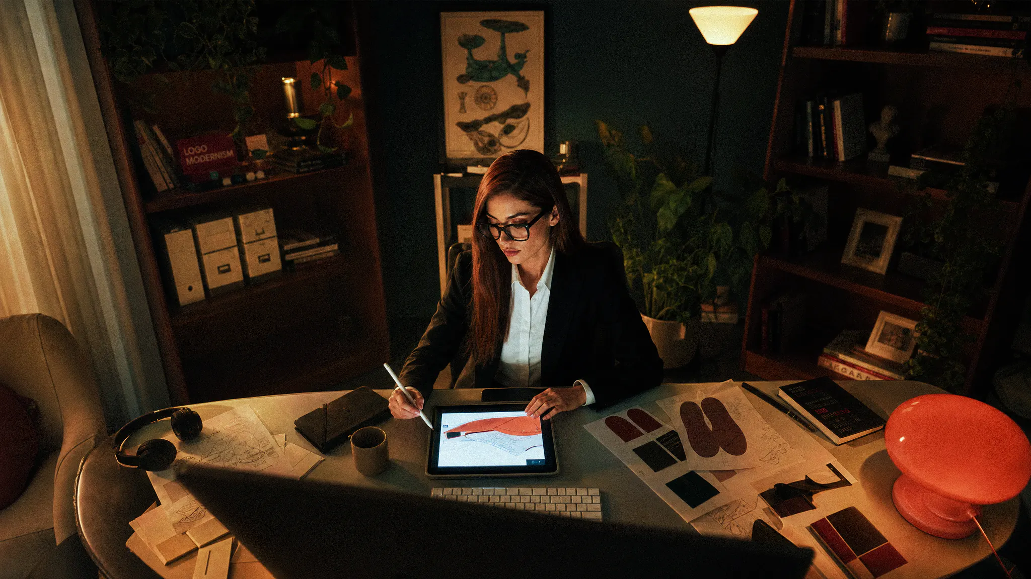A designer sketching a shoe on a tablet at her desk at night